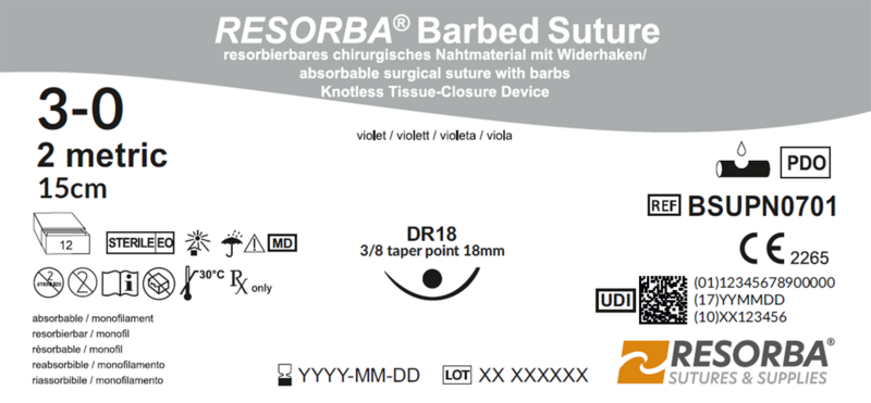 РЕСОРБА Барбд Сичер USP3-0 фіолетовий з борідками 15см, кол.голка 18мм, 3/8кола